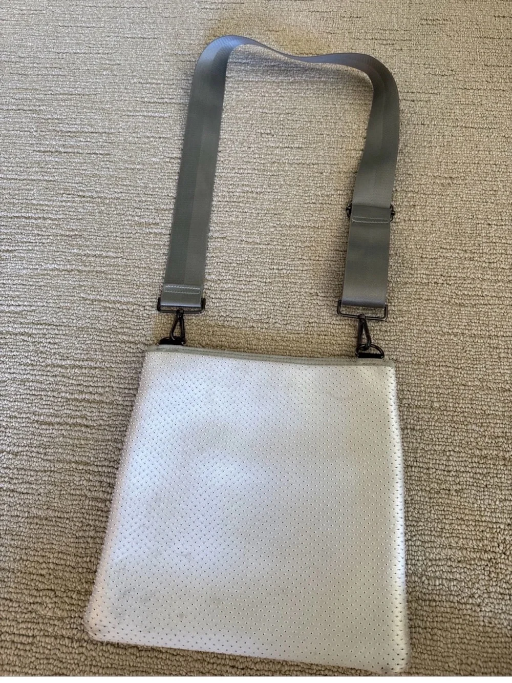 HAUTE SHORE Silver Crossbody with Gray Stripe Detail